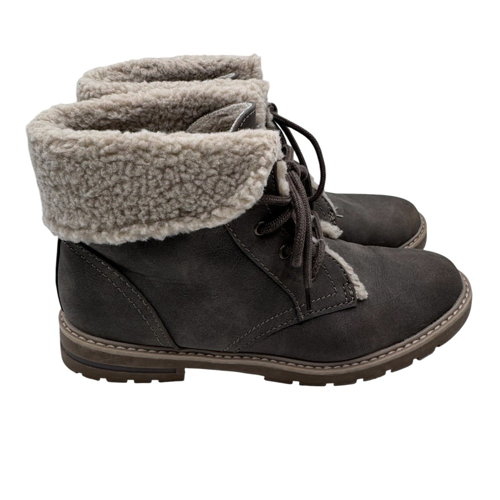 Sonoma‎ Women's 9 Taupe Boots Faux Fur Trim Lace Up Ankle Booties